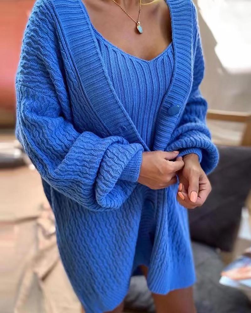 

V Neck Tank Dress With Lantern Sleeve Cardigan, Blue