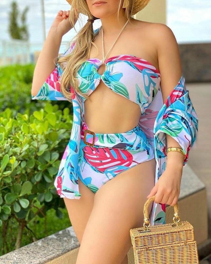 

3PCS Tropical Print Halter Bikini Set With Cover Up, Blue