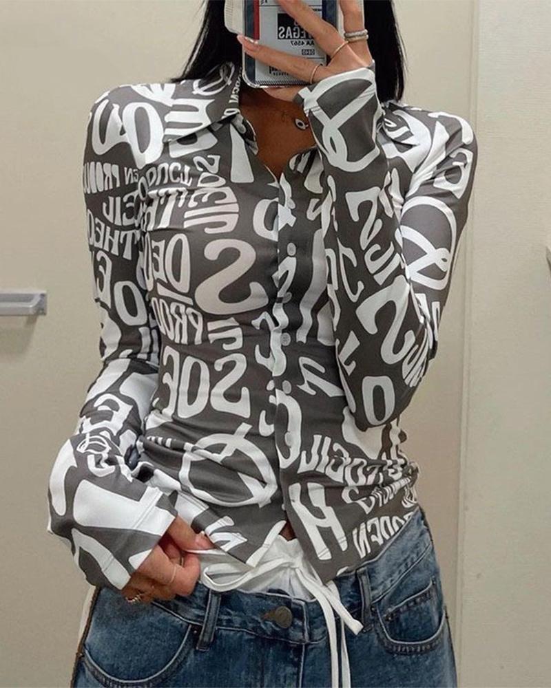 

Letter Print Long Sleeve Button Up Top, Gray