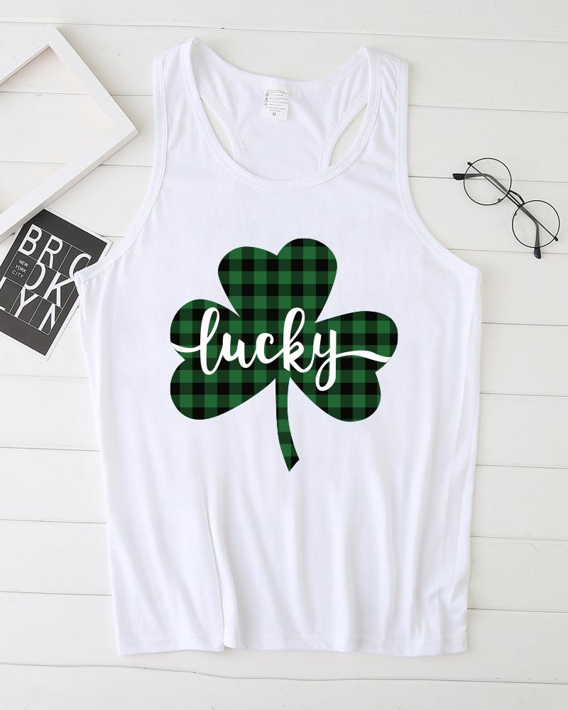 

Letter & Plaid Clover Print T-Back Tank Top, White