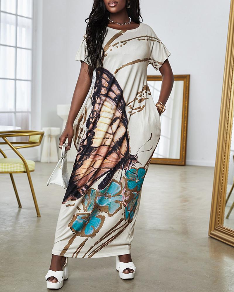 

Butterfly Print Pocket Design Casual Dress, Apricot