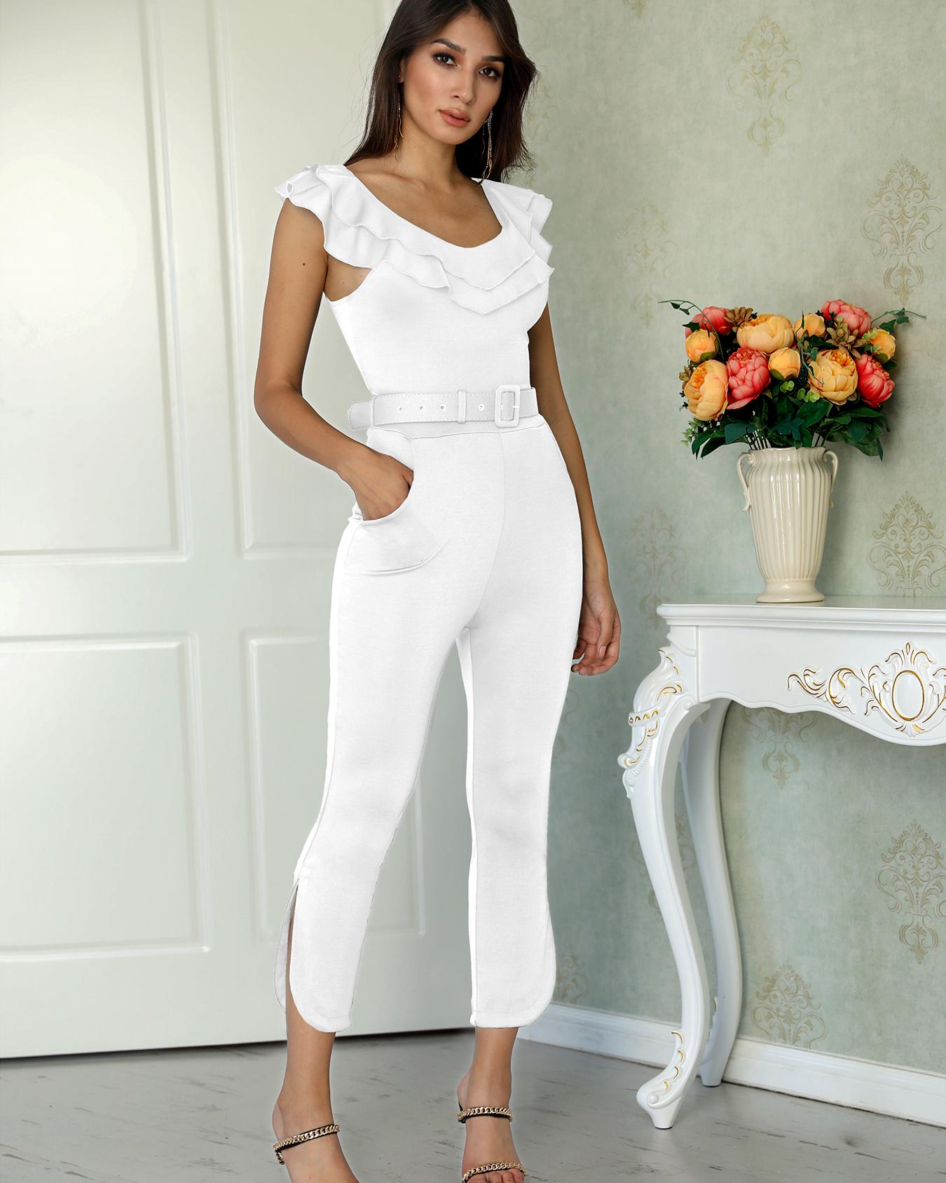 

Ruffles Pocket Design Plain Jumpsuit, White