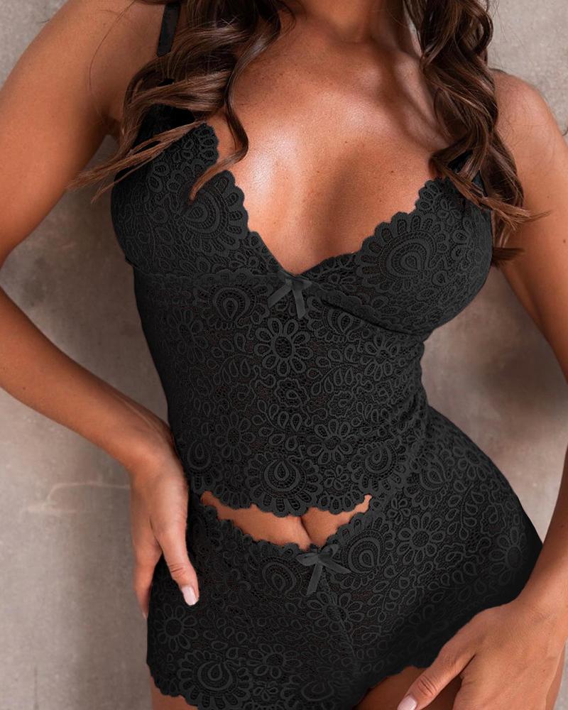 

Floral Pattern Crochet Lace Bowknot Decor Lingerie Set, Black