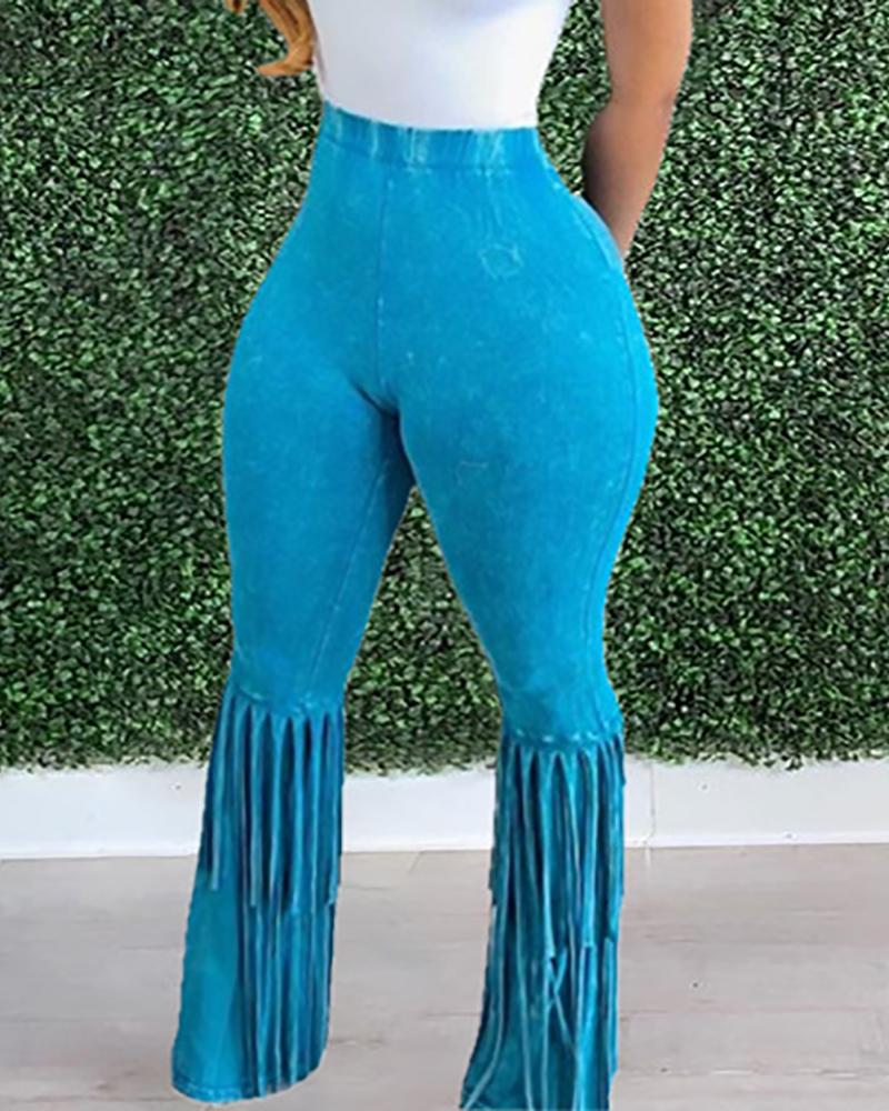 

Letter Print Tassel Design Pants, Blue