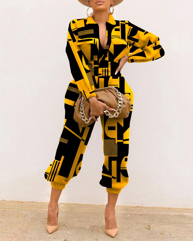 

Abstract Print Flap Detail Long Sleeve Jumpsuit, Yellow