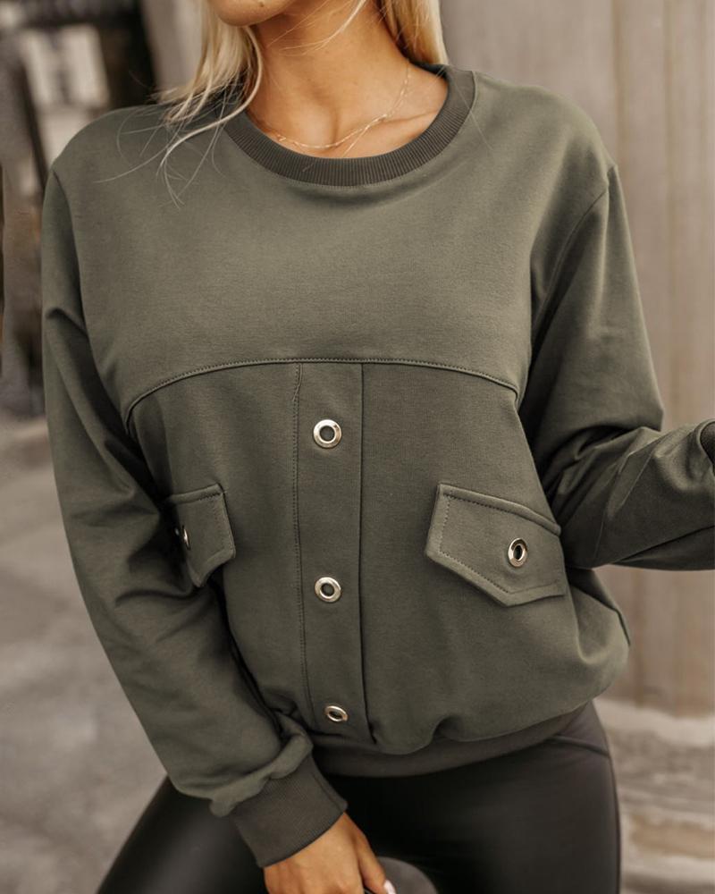 

Eyelet Long Sleeve Buttoned Sweatshirt, Green