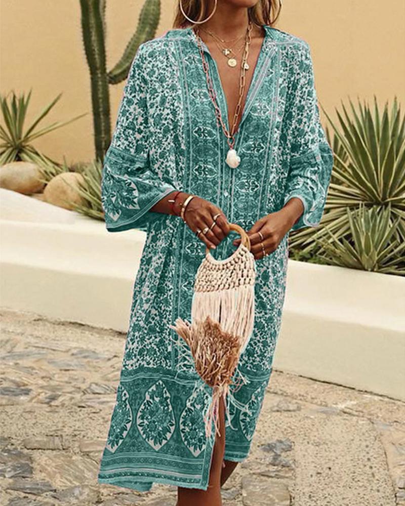 

Boho Style All Over Print Three Quarter Length Sleeve Midi Dress, Green