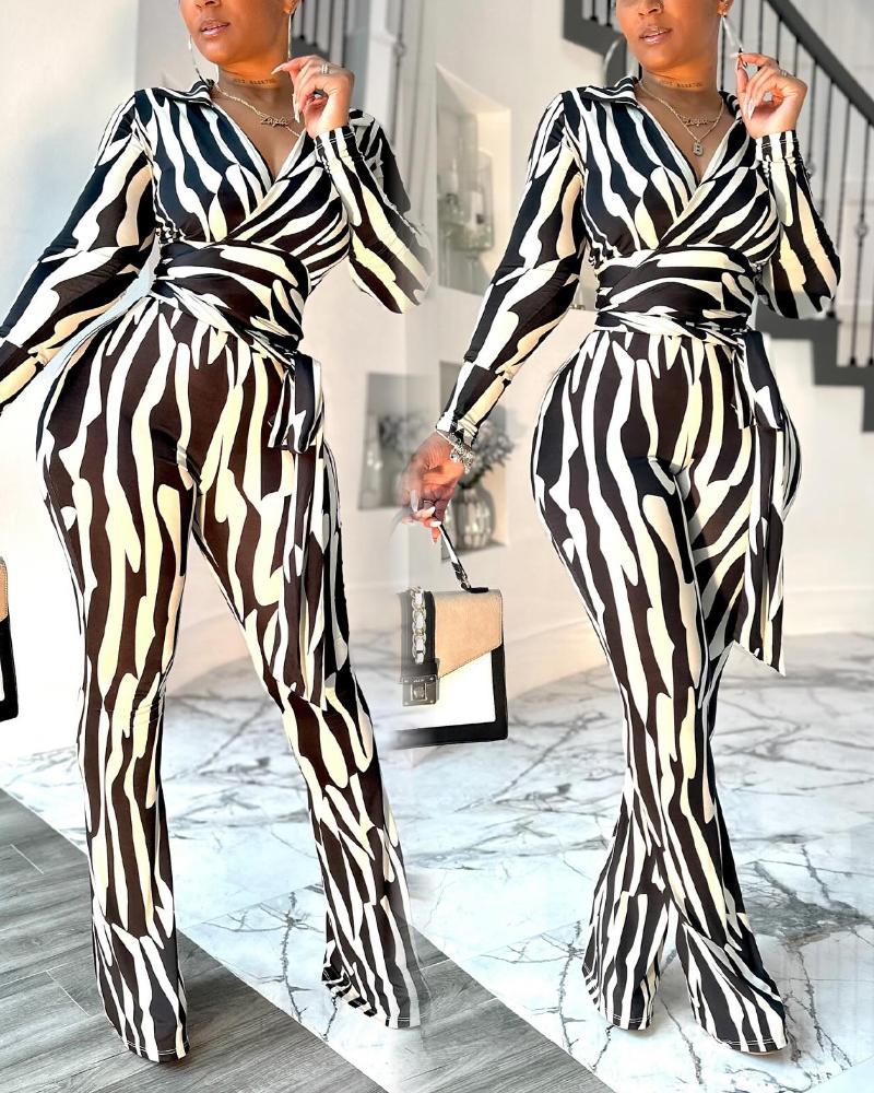 

Colorblock Zebra Stripe Print V Neck Long Sleeve Jumpsuit Casual Tied Detail Wide Leg Romper, Black