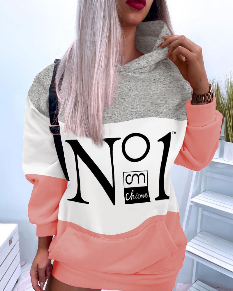 

ChicMe Letter Print Colorblock Hooded Sweatshirt Dress, Multicolor