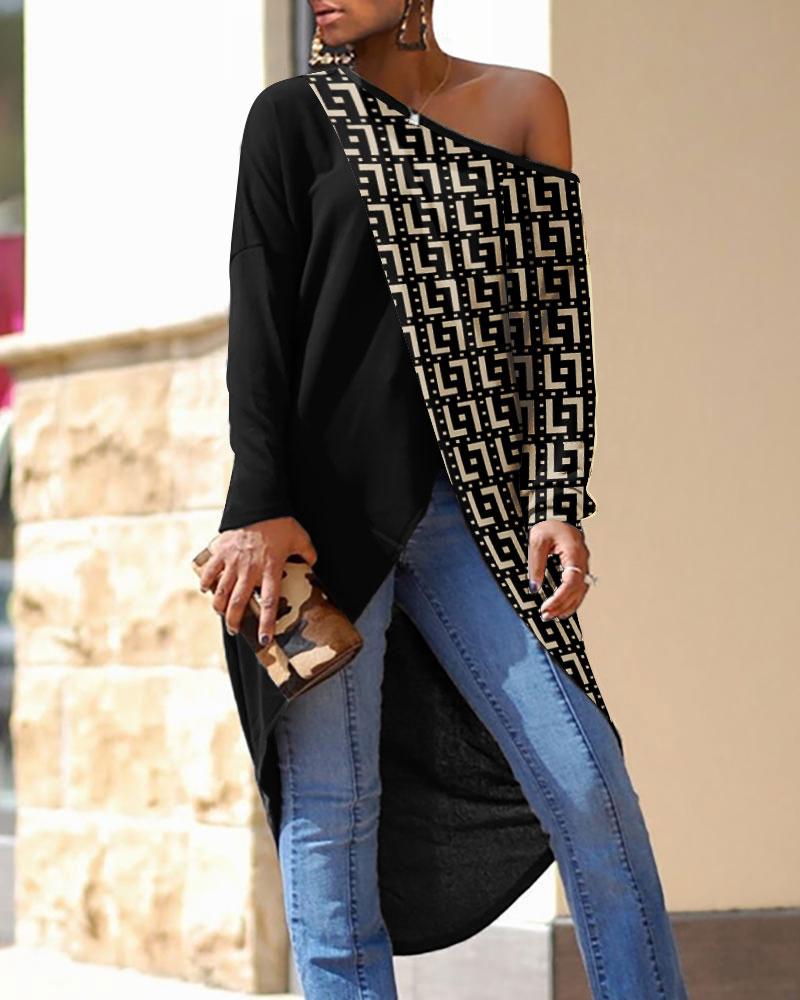 

Geometric Print Long Sleeve Asymmetrical Hem Top, Black