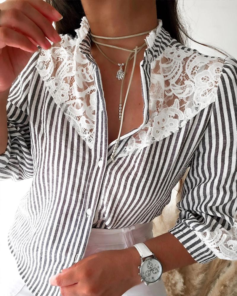 

Striped Stand Collar Long Sleeve Lace Trim Shirt Casual Button Down Blouse, Light gray