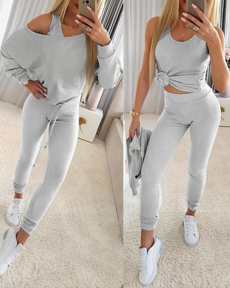 

3PCS/Set Ribbed Tank Top & Skinny Pants With Skew Neck Drawstring Hem Top, Gray