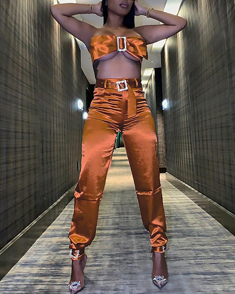

Spaghetti Strap Buckled Crop Top & High Waist Pants Set, Orange