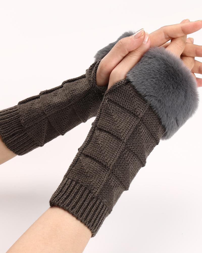 

1Pair Fuzzy Trim Warm Knit Fingerless Gloves, Dark grey