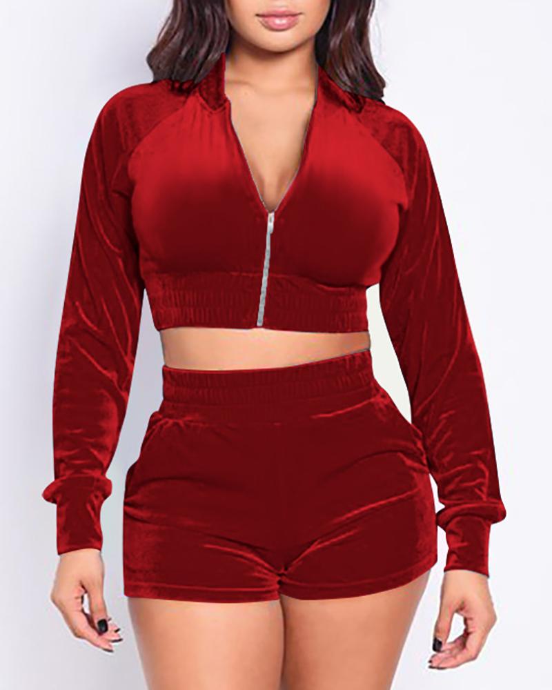 

Zipper Design Velvet Crop Top & Shorts Set, Red