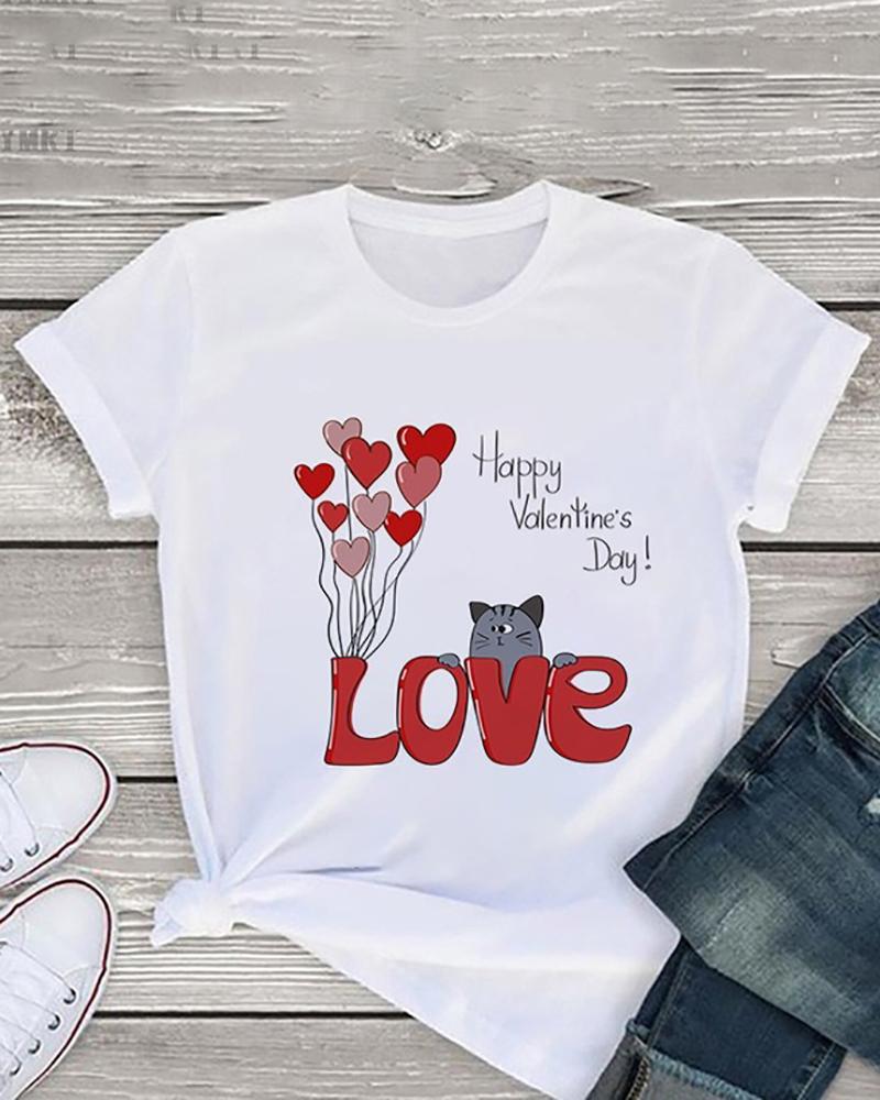 

Valentine's Day O-Neck Heart Print Short Sleeve T-shirt, Style1