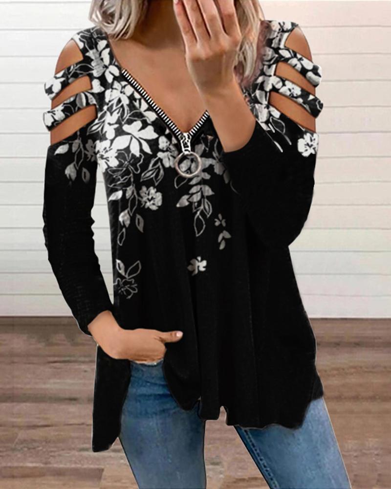 

Floral Print Zipper V-Neck Cut-Out T-Shirt, Style7