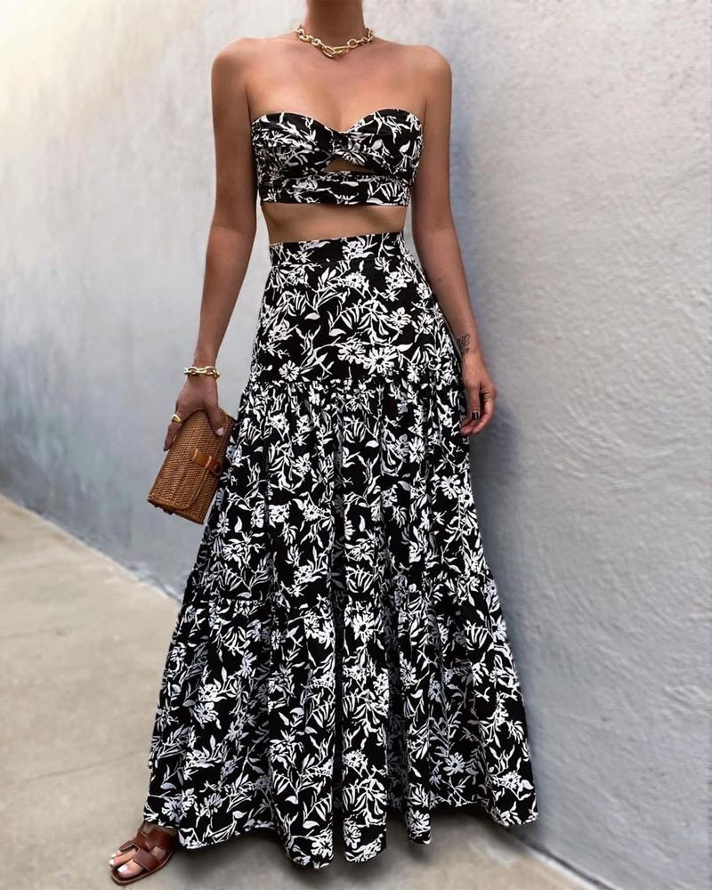 

Floral Print Crop Tube Top & Skirt Set, Black