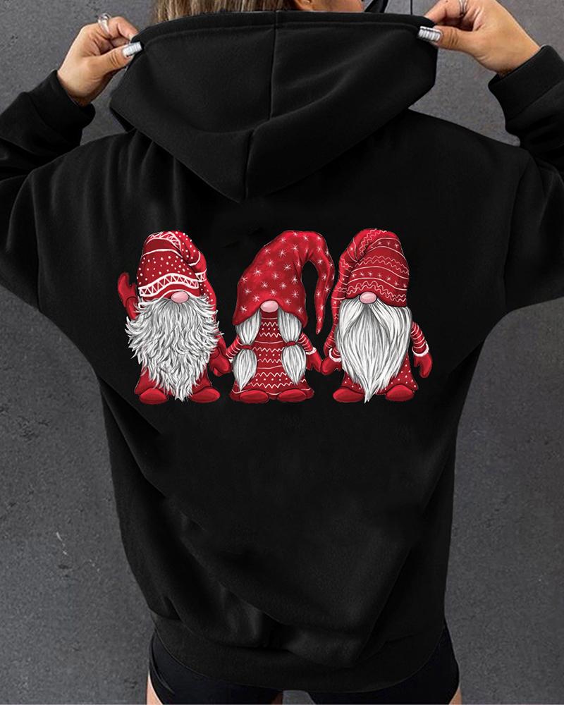 

Christmas Gnomes Print Long Sleeve Hoodie, Black