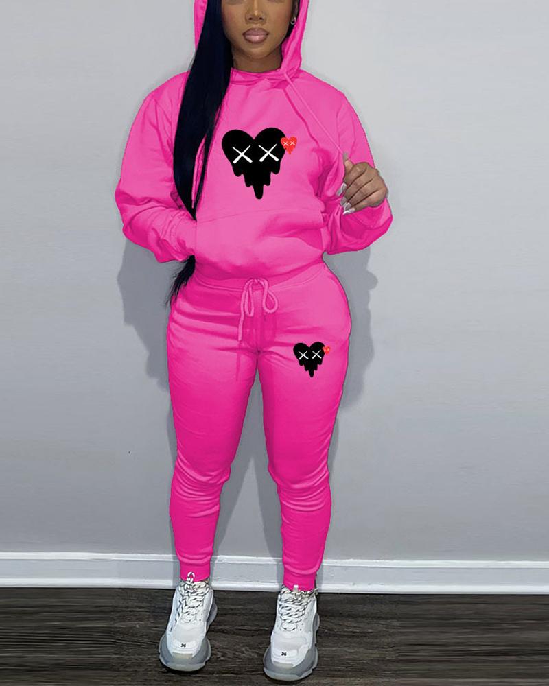 

Heart Print Long Sleeve Drawstring Hoodie & Pants Set, Hot pink