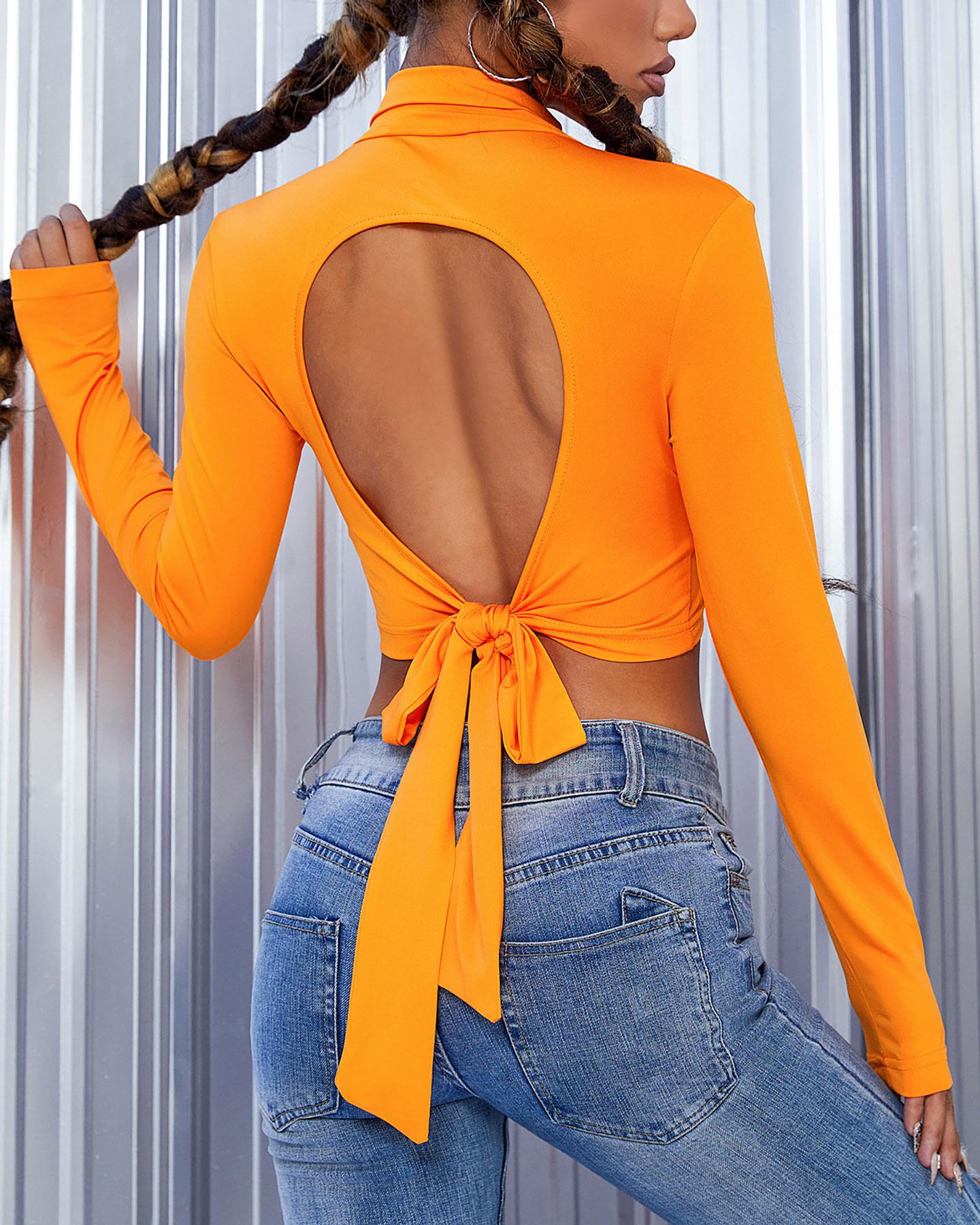 

Tied Detail Backless Long Sleeve Crop Top, Orange