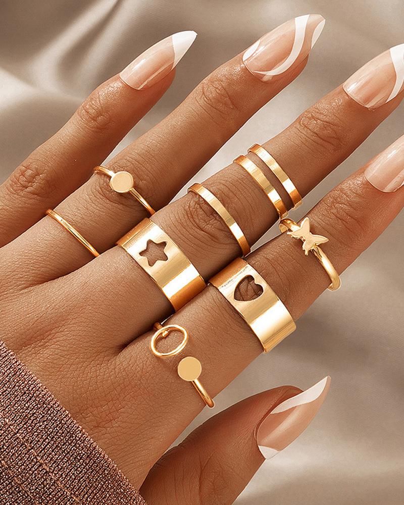 

8PCS/Set Geo Star Heart Butterfly Decor Ring, Gold