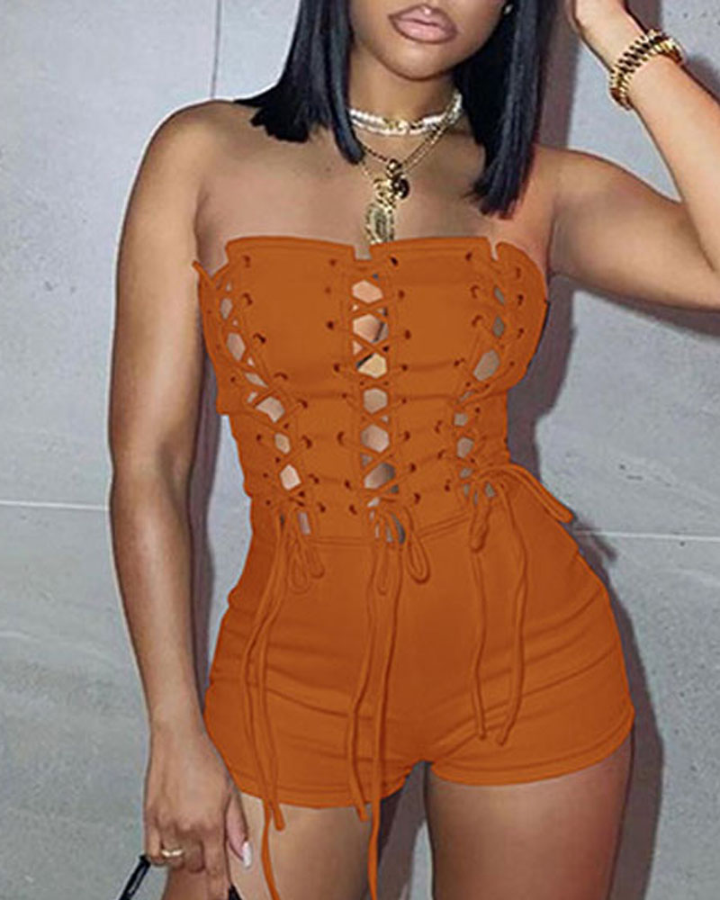 

Grommet Eyelet Lace-up Tube Romper, Orange