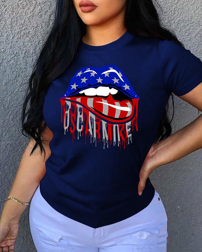 

Lip / Letter Print O Neck Short Sleeve T-Shirt, Dark blue