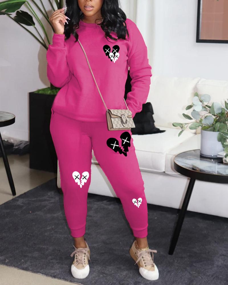 

Heart Print Long Sleeve Casual Top & Pants Set, Hot pink