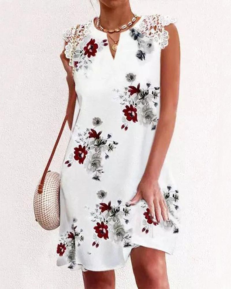 

Floral Print Contrast Lace Sleeveless Casual Dress, White