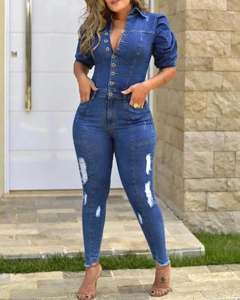 

Puff Sleeve Buttoned Ripped Skinny Denim Jumpsuit, Blue