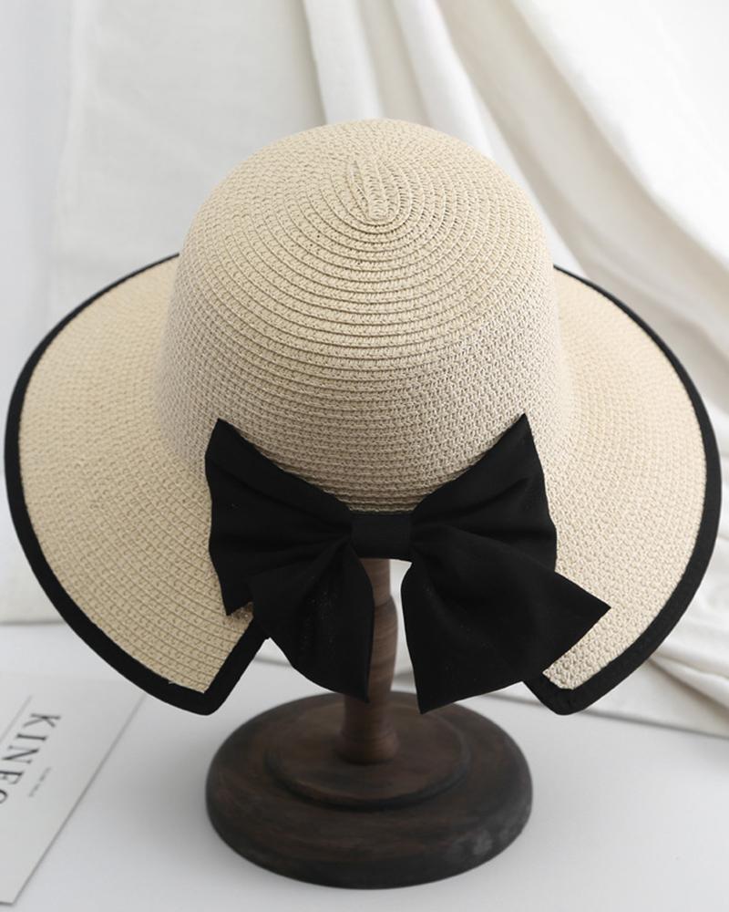 

Bowknot Decor Contrast Tape Wide Brim Straw Hat, Beige