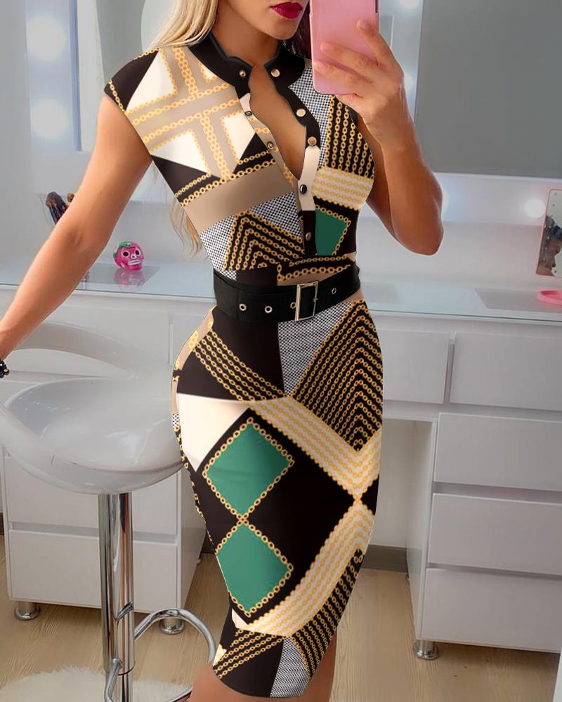 

Geometric Chain Print Sleeveless Button Design Skinny Dress With Belt, Multicolor