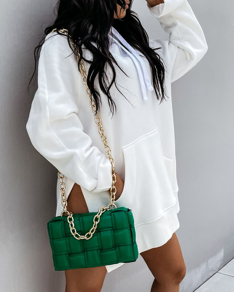 

Drawstring Pocket Design Side Slit Hoodie, White