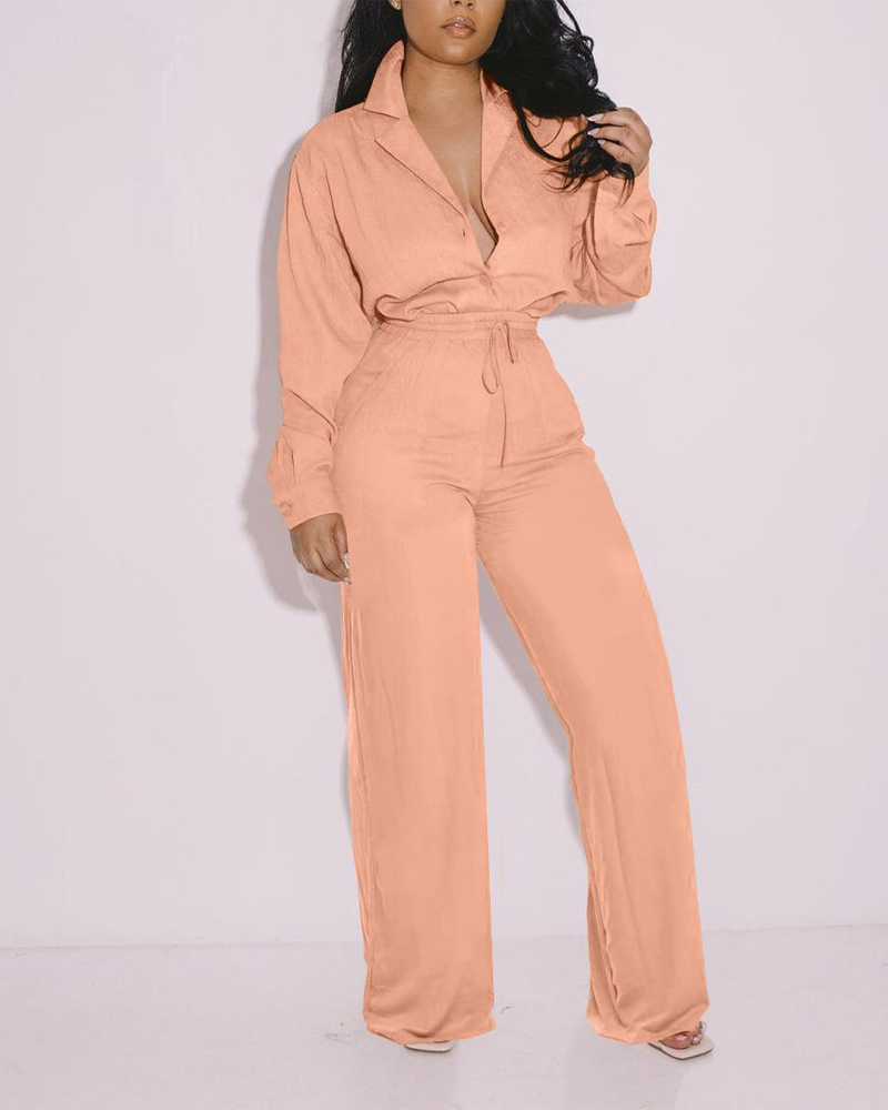 

Long Sleeve Button Up Top & Wide Leg Pants Set, Orange