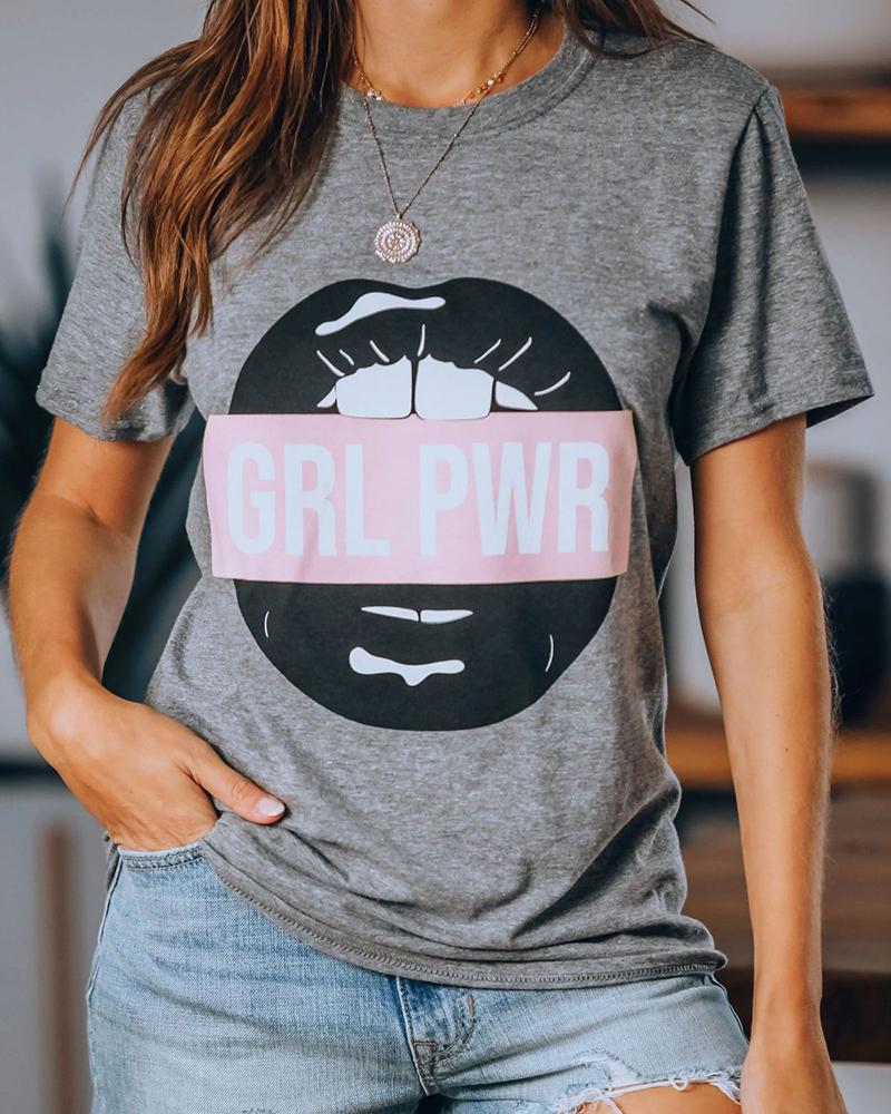

Letter Lip Print Round Neck T-shirt, Gray