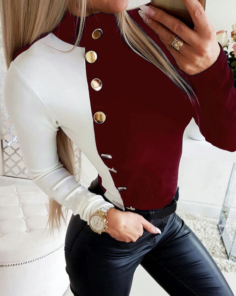

Colorblock Button Design Long Sleeve Blouse, Red