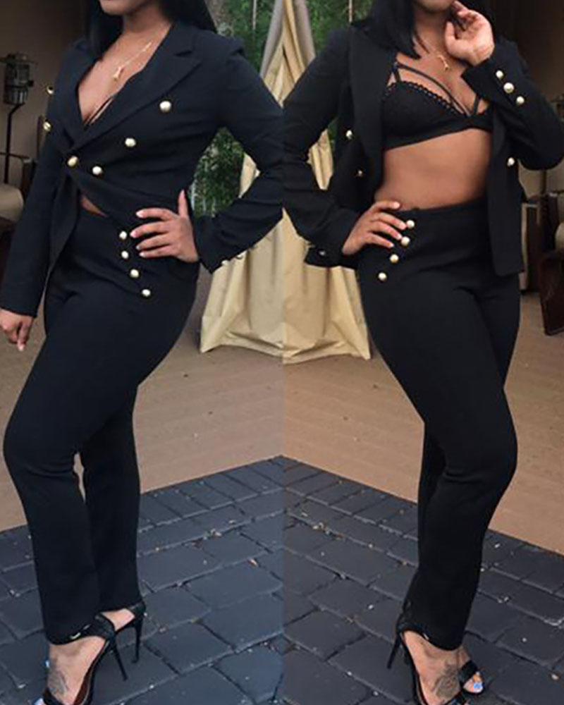 

Plain Double Breasted Blazer Coat & Pants Set, Black