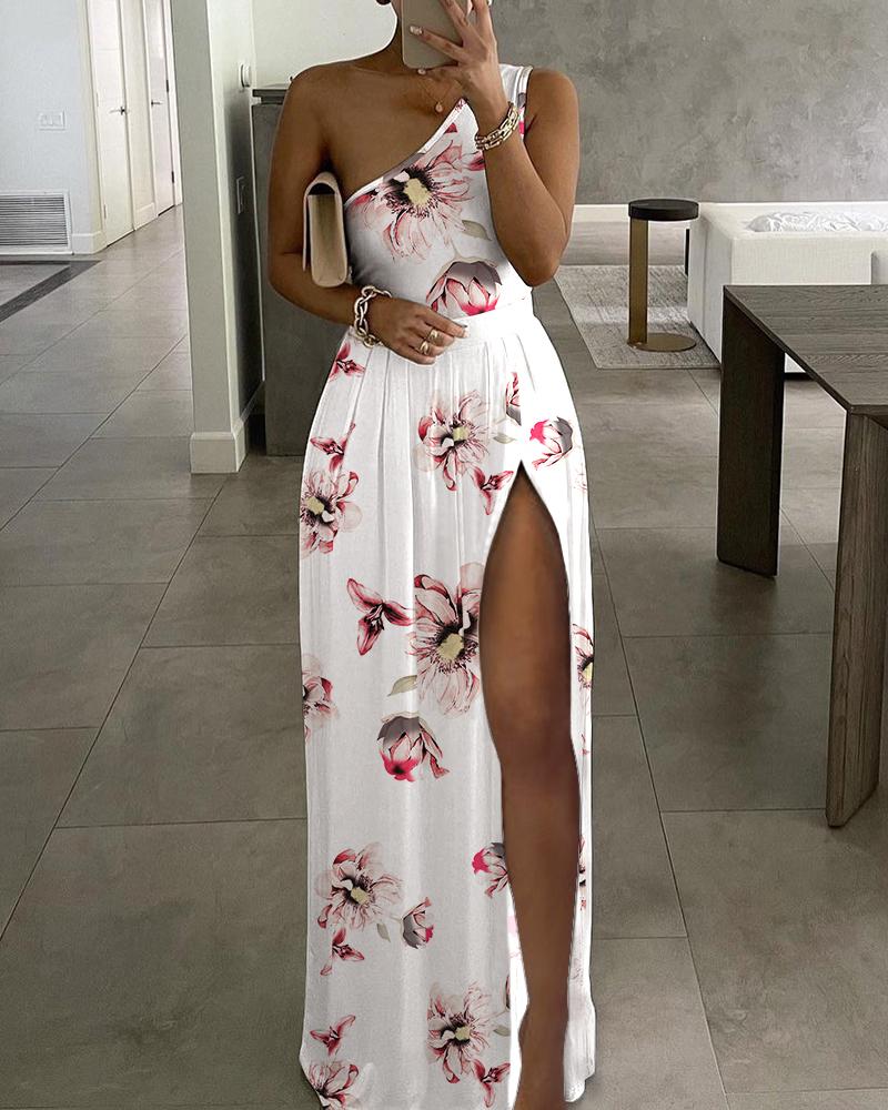 

Floral Print One Shoulder High Slit Maxi Dress, White