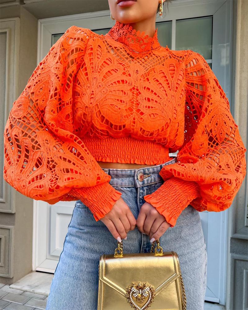 

Hollow Out Shirred Lantern Sleeve Crop Top, Orange