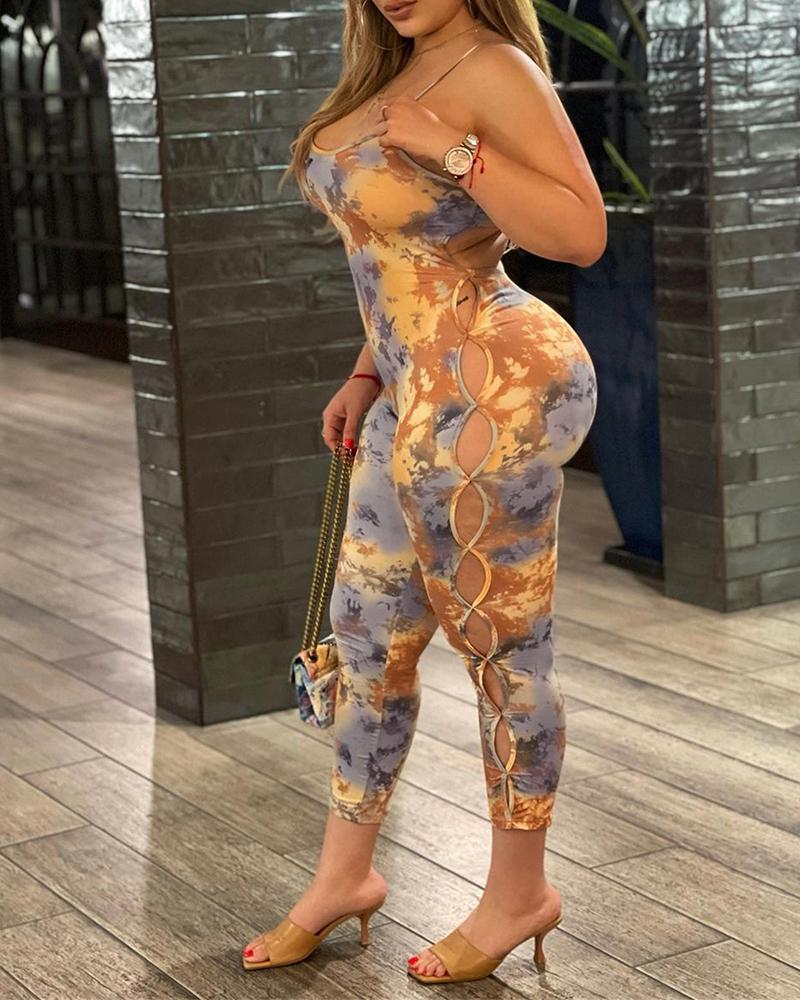 

Tie Dye Abstract Print Cutout U-neck Jumpsuit, Khaki