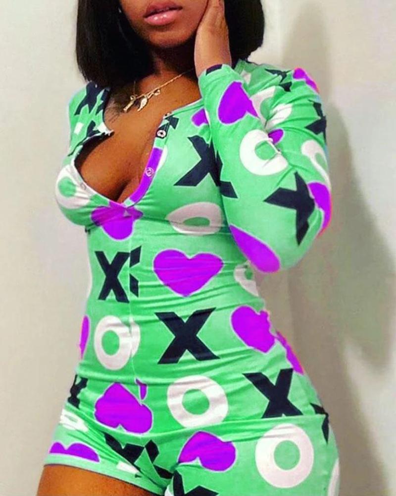 

Letter Print Buttoned Long Sleeve Lounge Romper, Green