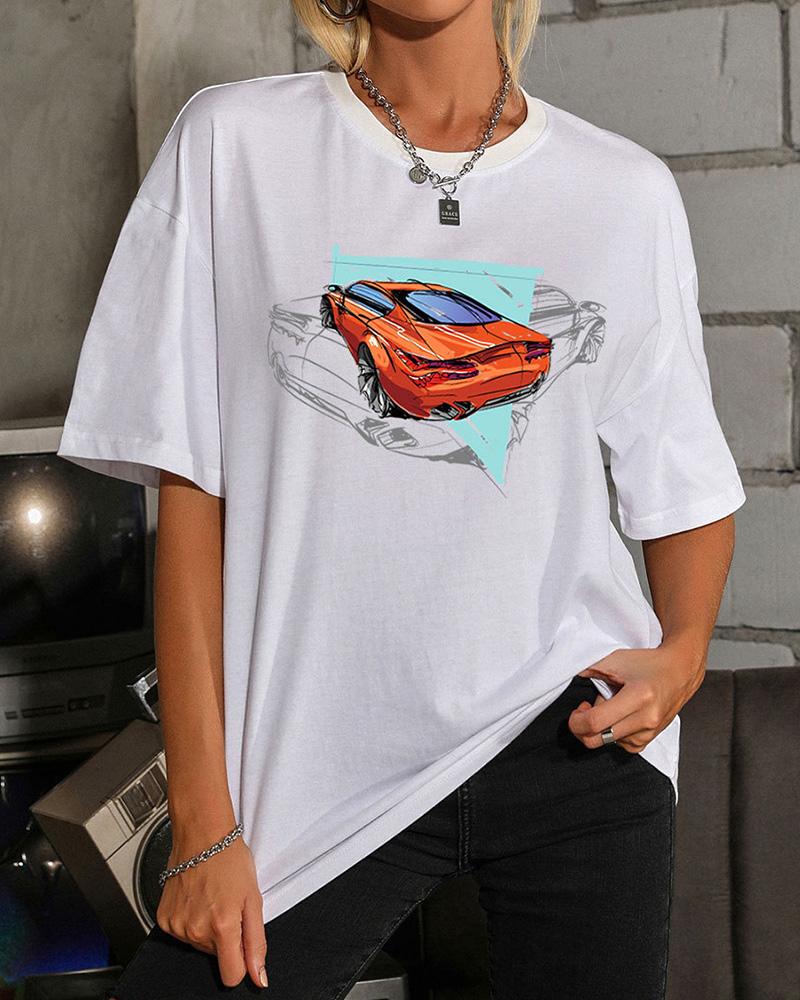 

Car Cartoon Print Short Sleeve Loose T-shirts, White