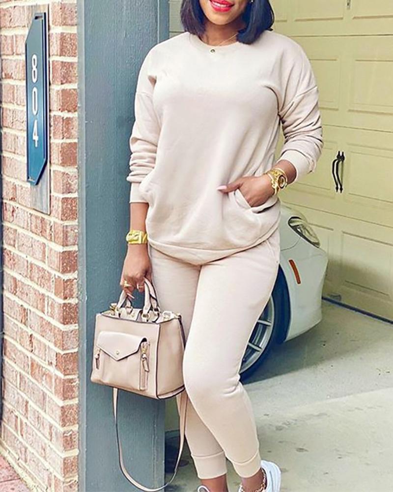 

Pocket Design Casual Women Top & Pants Set, Apricot