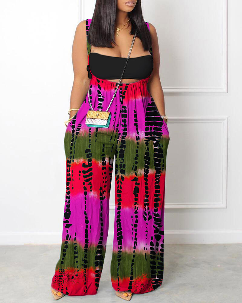

Tie Dye Print Wide Leg Suspender Jumpsuit, Multicolor