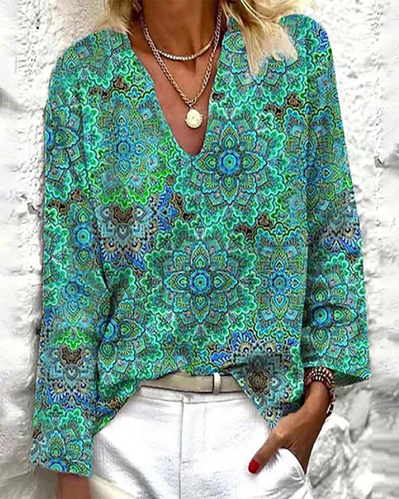 

Tribal Geometric Print V-Neck Long Sleeve Top, Green