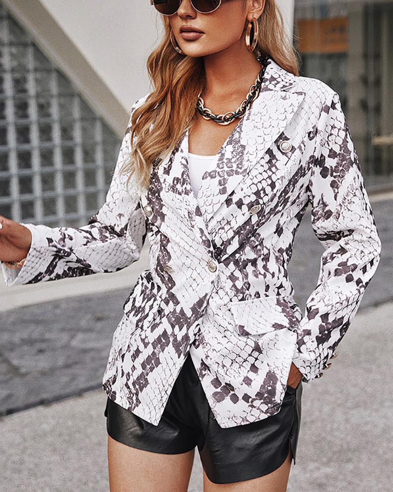 

Snakeskin Print Lapel Collar Flap Detail Double Breasted Blazer, White