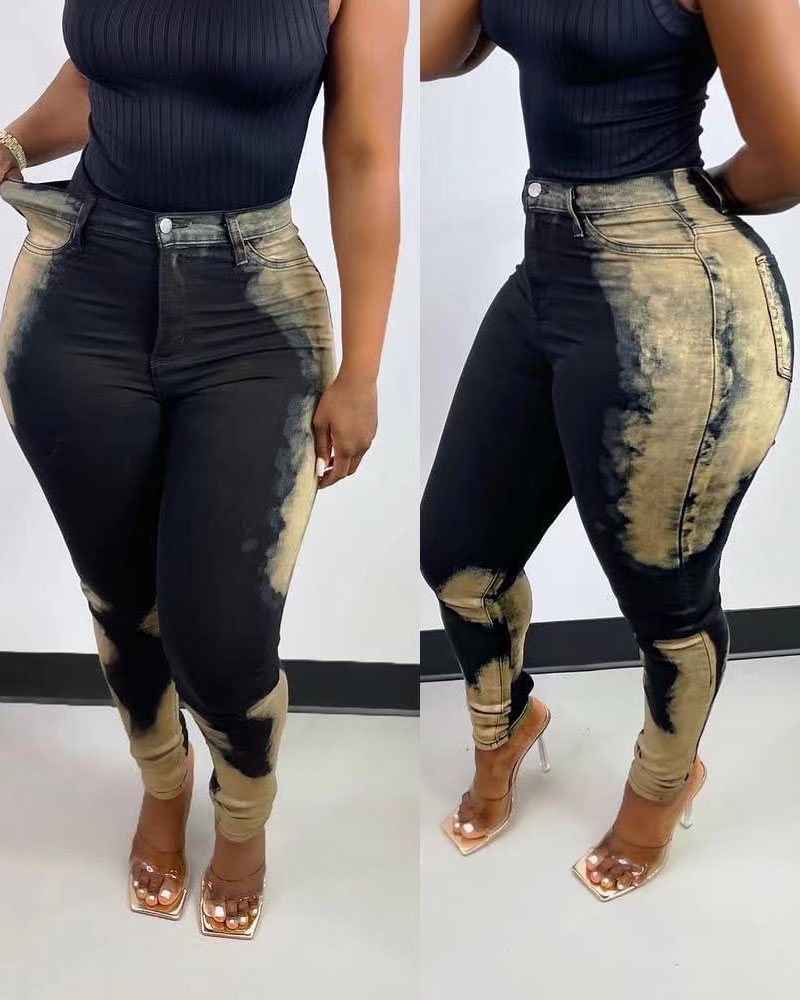 

High Waist Colorblock Pocket Design Jeans, Black