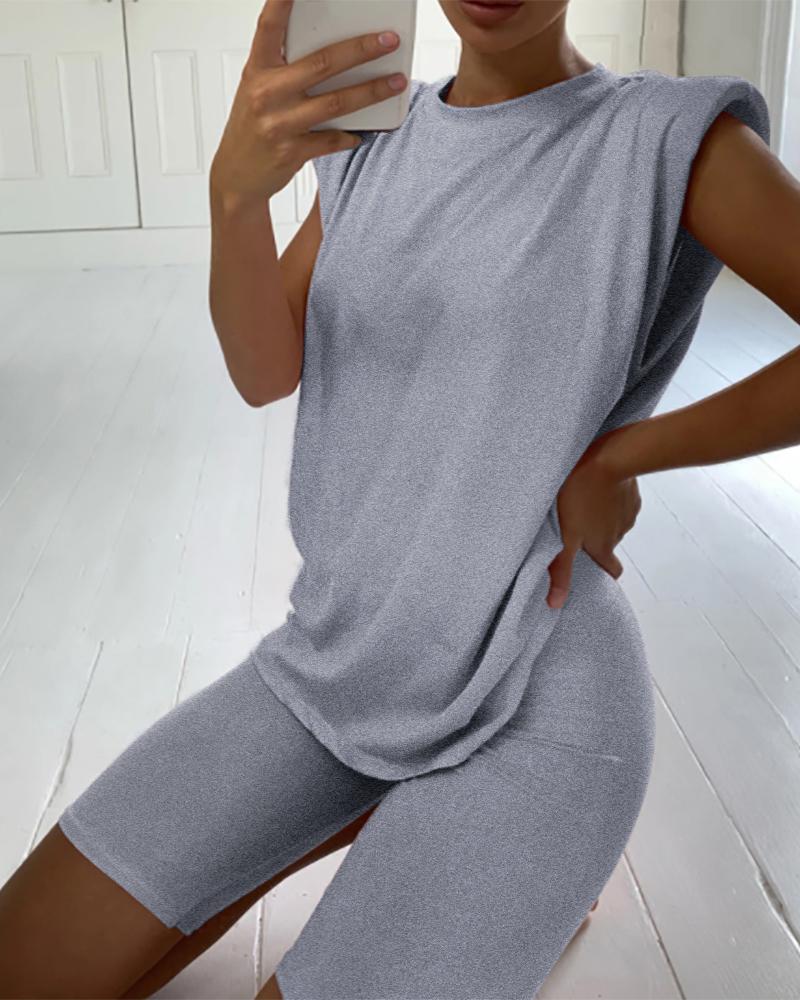 

Solid Sleeveless Loose Tanks With Shorts Suit Sets, Gray