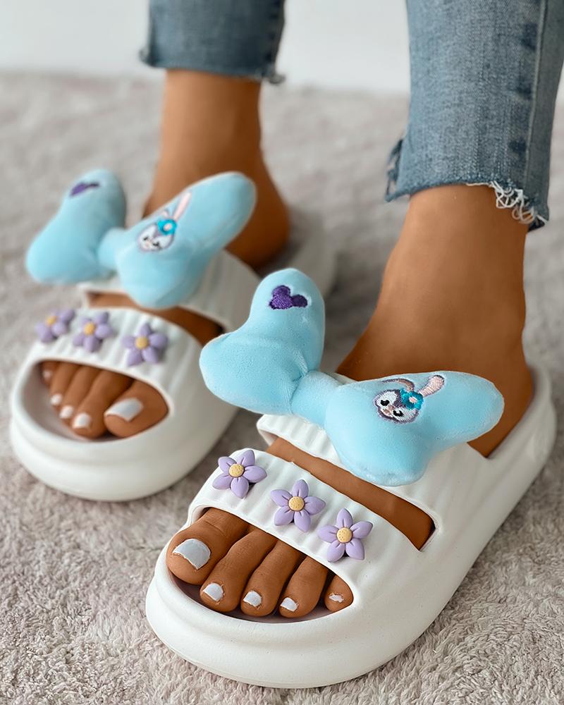 

Cartoon Floral Bowknot Pattern Round Toe Clogs, White